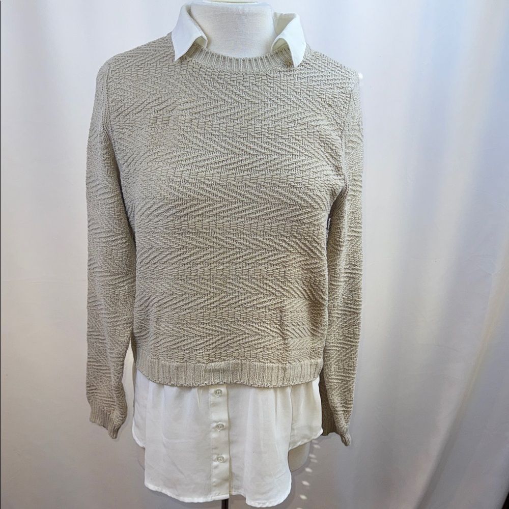 The Limited Tan Sweater with faux shirt collar and hem, Medium